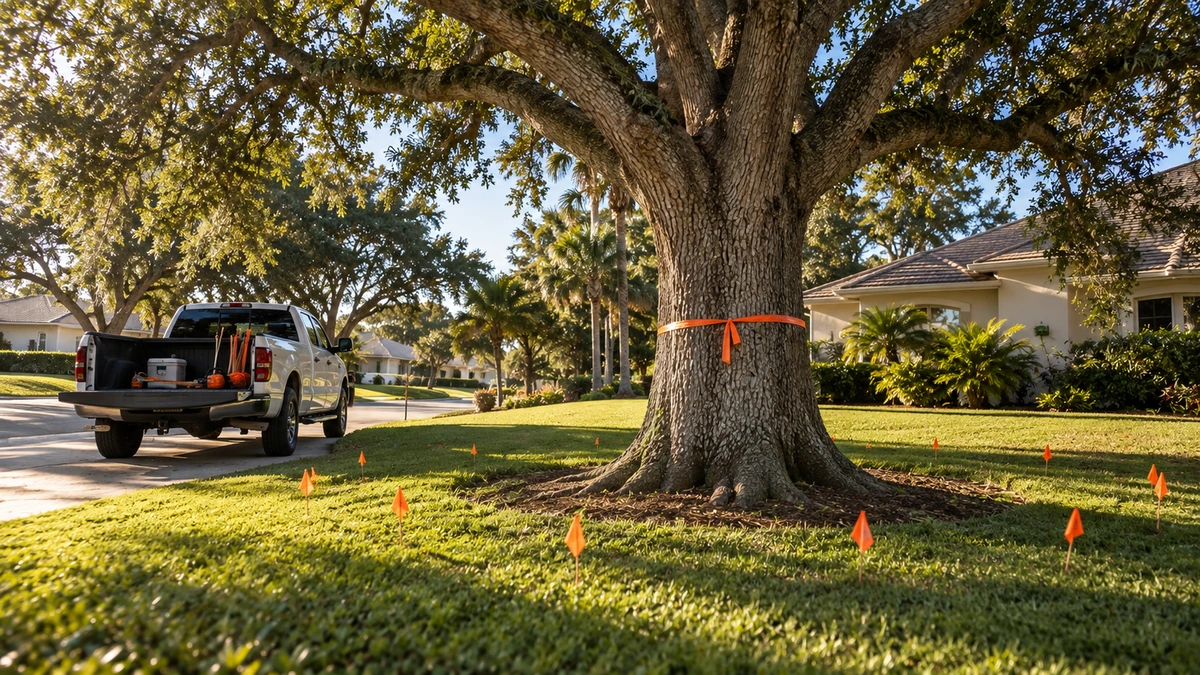 A home in Bradenton with a mature tree trimmed clear of the roof