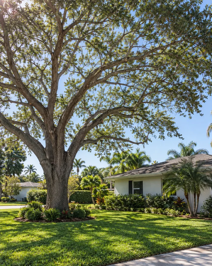 Mature shade tree with a thinned, open crown over a lawn